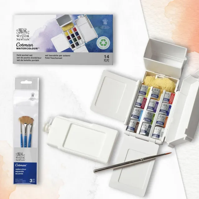 Winsor & Newton Cotman Field Pocket acuarela 12 medios + 3 pinceles