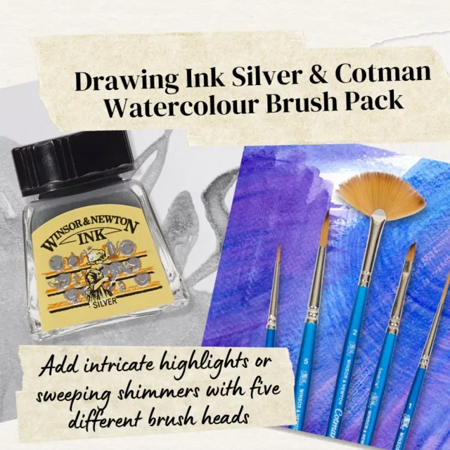 Winsor & Newton Drawing Ink set tinta plata 14ml y pinceles